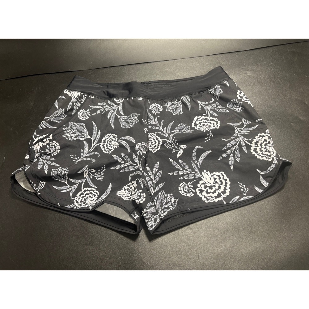 Lands End Womens 14P Black White Floral Board Swim Shorts Petite Zip Pocket‎ NEW